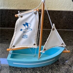 Vilac Collectible Blue and White Wooden Toy Sailboat from France
